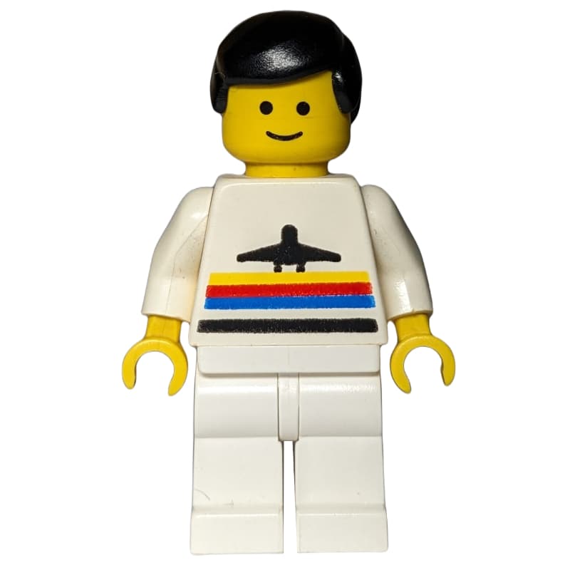 Man, White Shirt with Airplane, White Legs, Black Hair