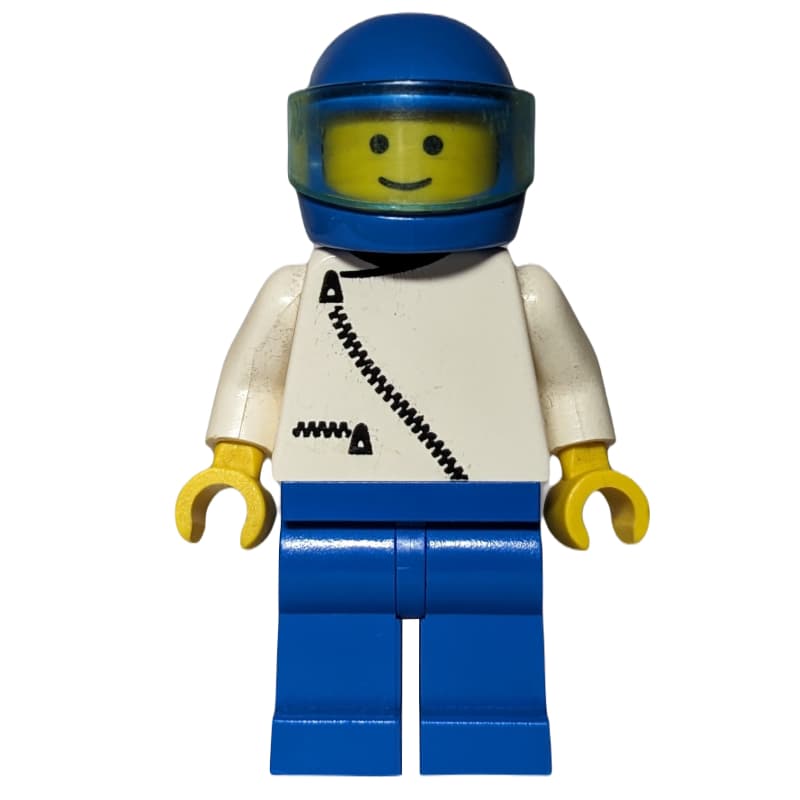 Man, White Jacket with Zipper, Blue Legs, Blue Helmet with Visor