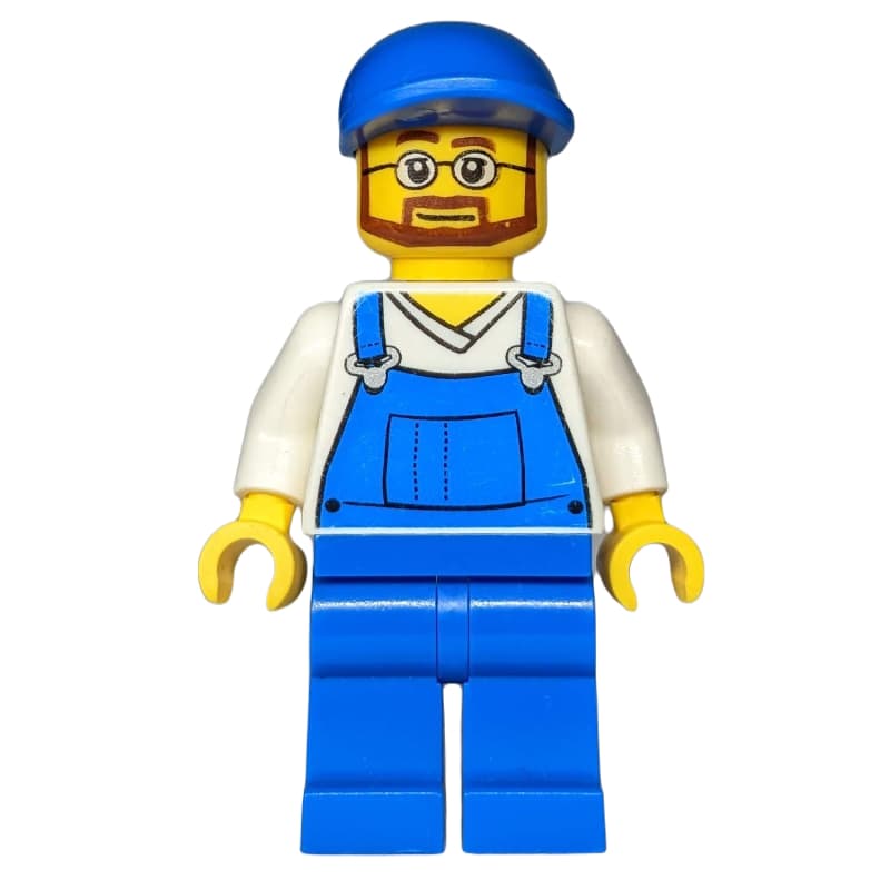 Man, Blue Overalls over White V-Neck Shirt, Blue Cap, Beard and Glasses