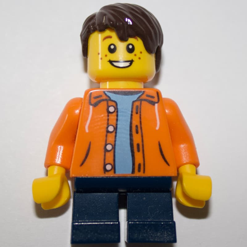 Kid - Orange Torso, Dark Blue Legs, Dark Brown Hair