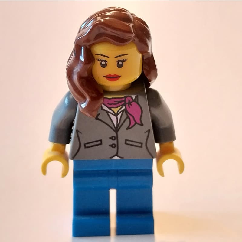Woman, Dark Bluish Gray Jacket with Magenta Scarf, Blue Legs, Reddish Brown Hair