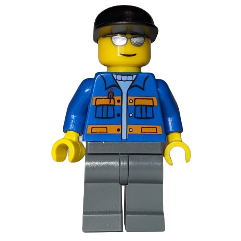 Worker, Blue Jacket with Orange Stripes, Dark Bluish Gray Legs, Black Cap, Silver Sunglasses