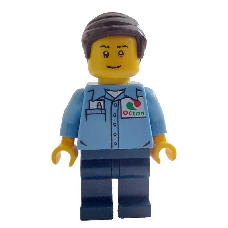 Man, Medium Blue Shirt with Octan Logo, Dark Blue Legs, Dark Brown Hair