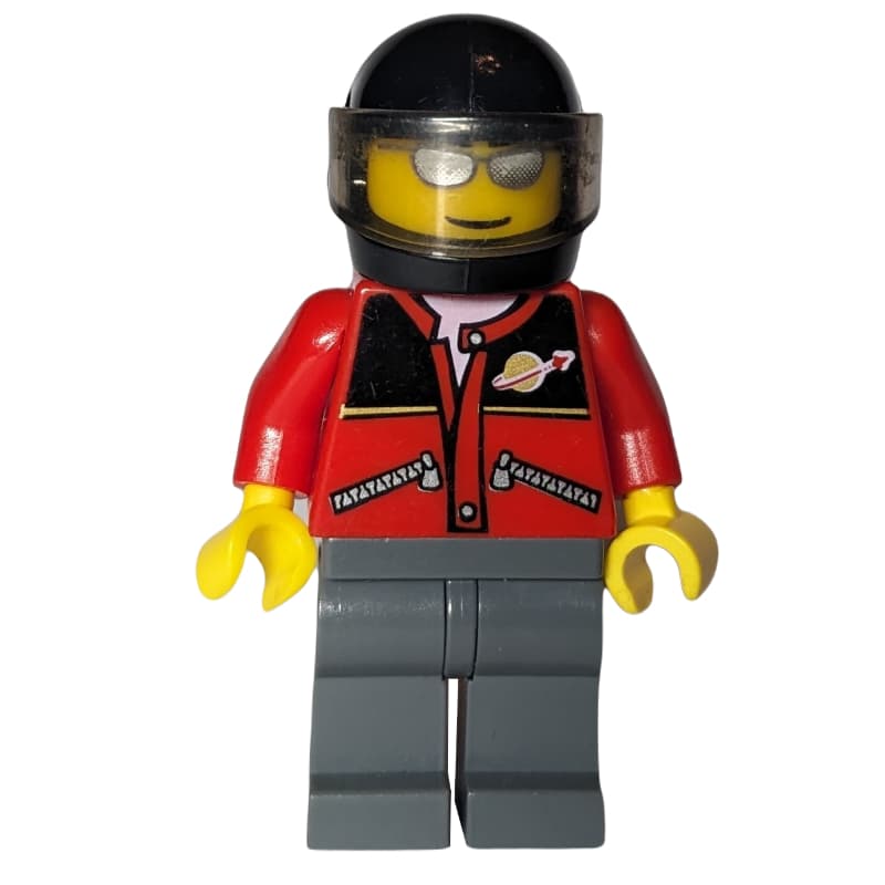 Man, Red Jacket with Classic Space Logo, Black Helmet with Visor, Silver Sunglasses