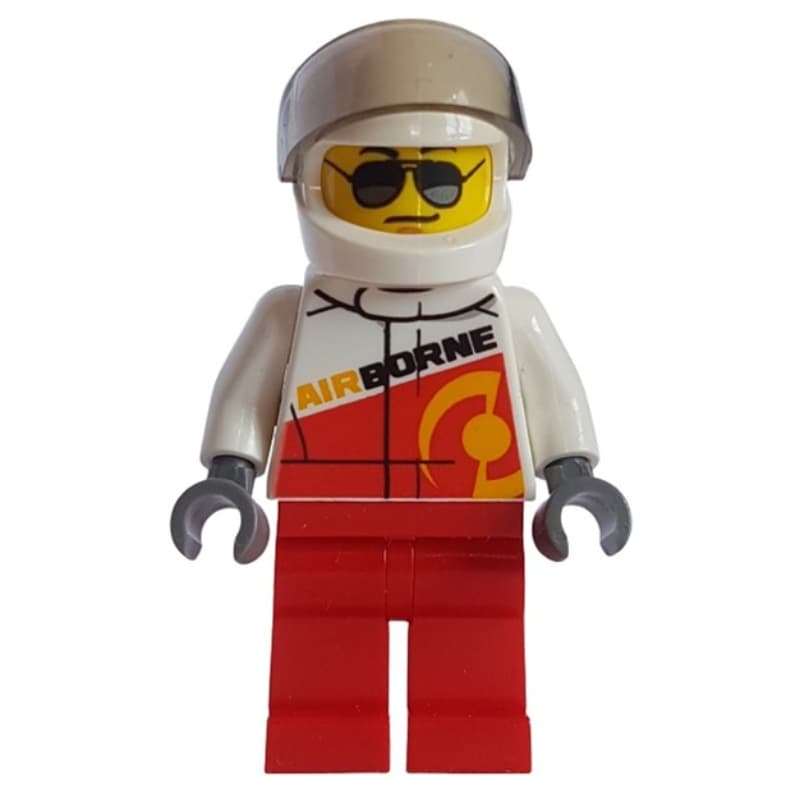 Racer, Red and White Jumpsuit with 'AIRBORNE', White Helmet with Visor, Sunglasses