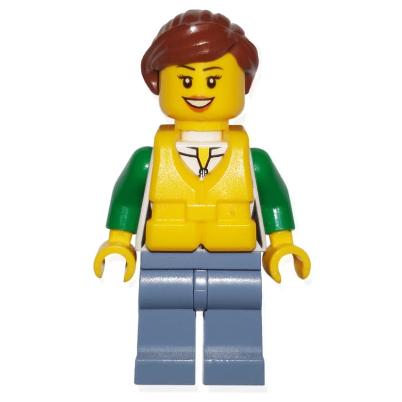 Woman, Green and White Jacket with Zipper, Sand Blue Legs, Reddish Brown Hair, Yellow Life Vest