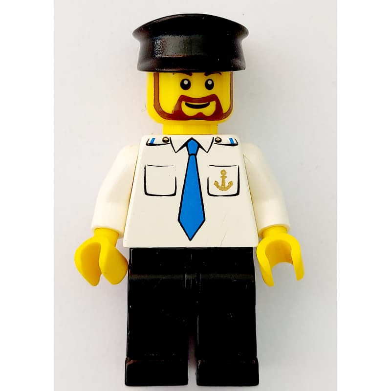 Ship Captain, White Shirt with Anchor and Tie, Black Legs, Black Hat, Beard