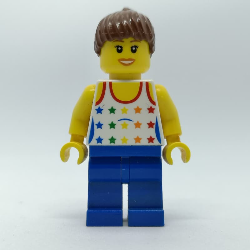 Woman, White Vest with Stars, Blue Legs, Reddish Brown Hair