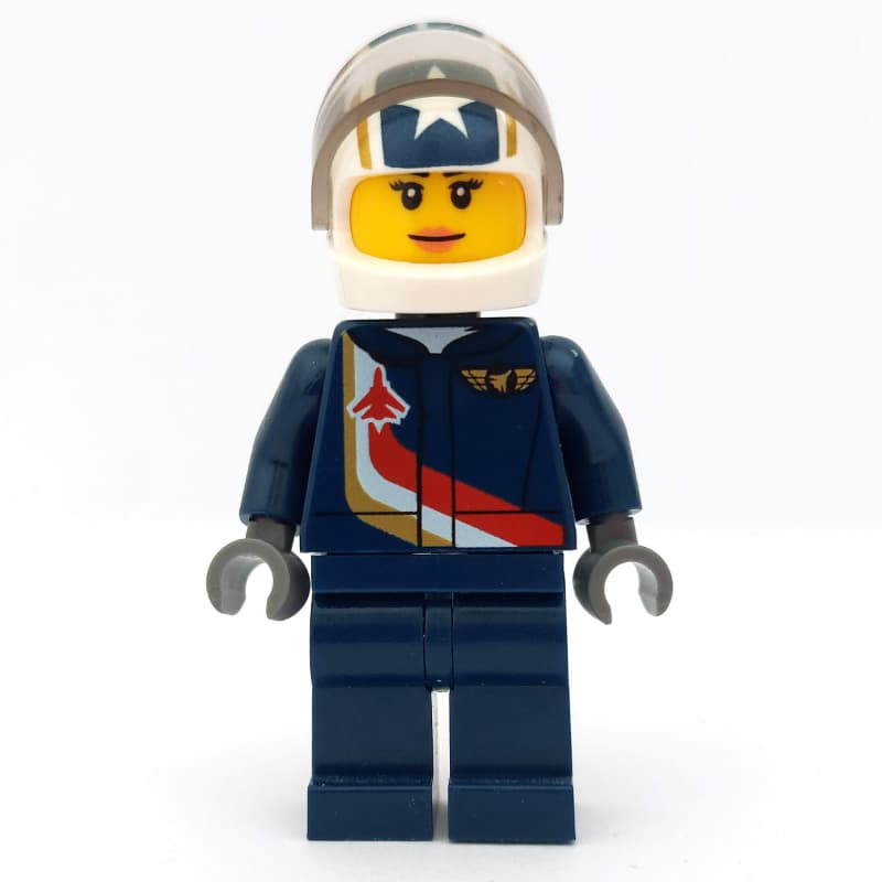 Pilot, Woman, Dark Blue Jumpsuit with Plane and Wings Badge, White Helmet with Stars and Visor