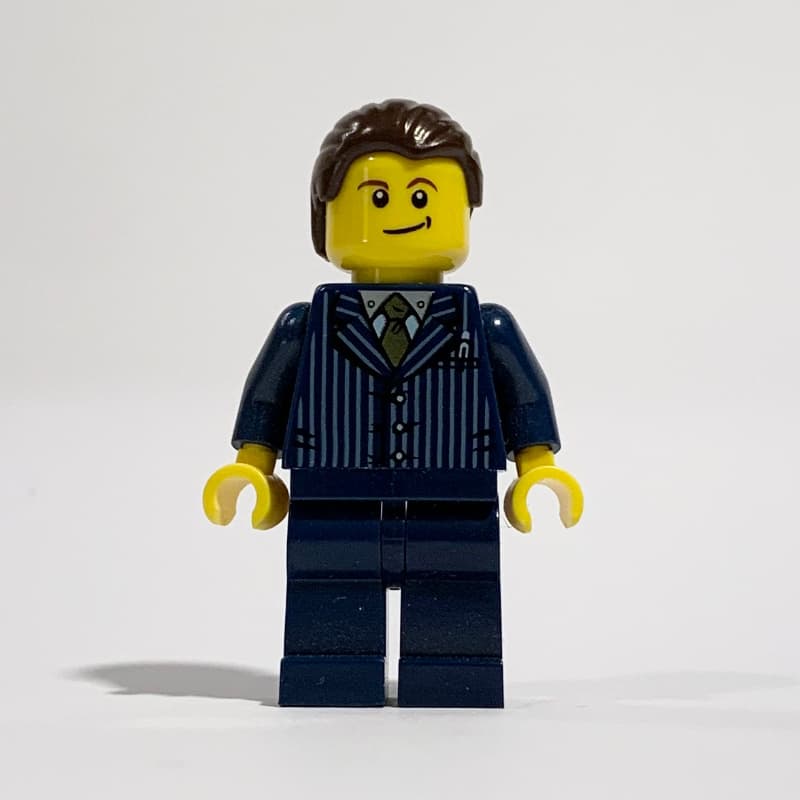 Man, Dark Blue Pinstripe Suit with Gold Tie, Dark Brown Hair, Brown Eyebrows