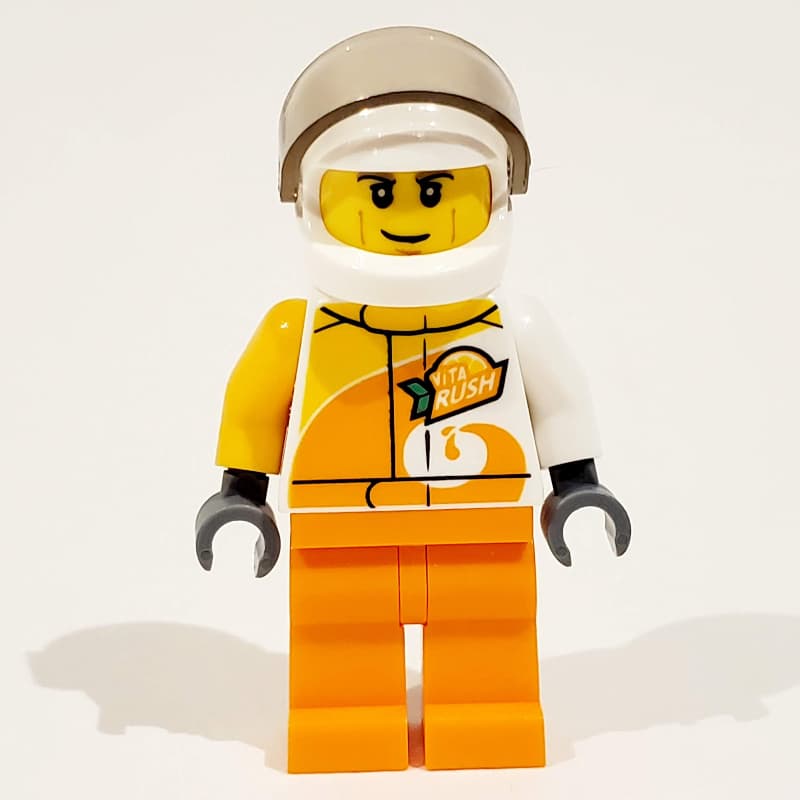 Racer, White and Orange Jumpsuit with 'VITA RUSH', White Helmet with Visor (3626cpr1144 Head)