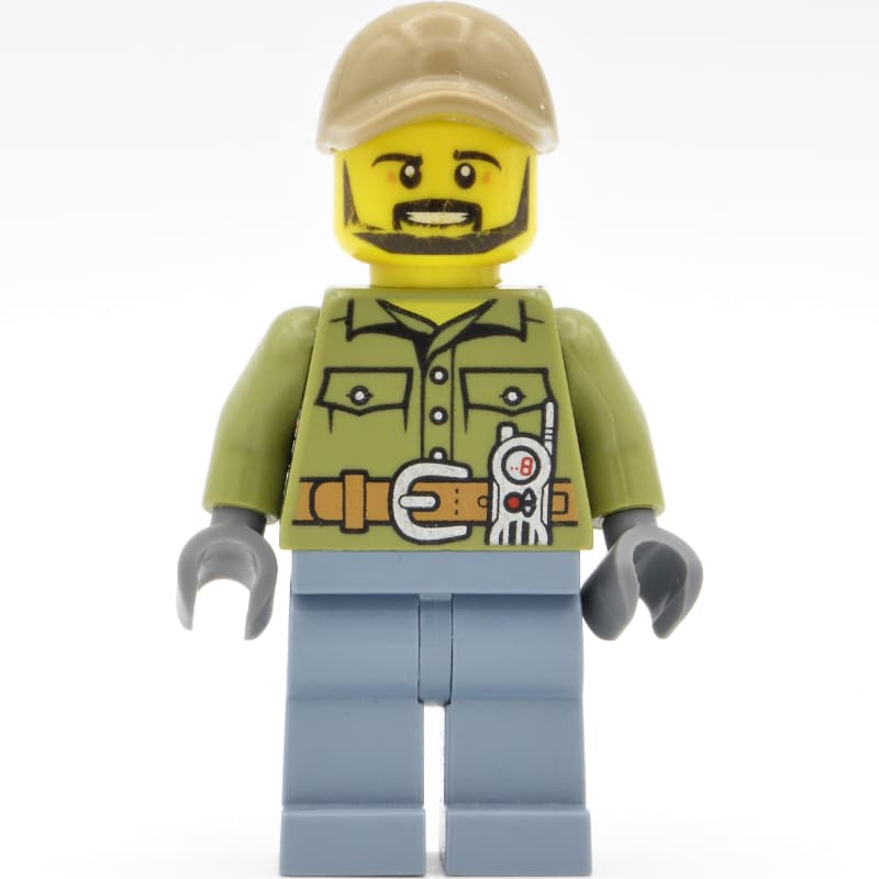 Volcano Explorer, Man, Olive Green Shirt, Sand Blue Legs, Dark Tan Cap, Beard