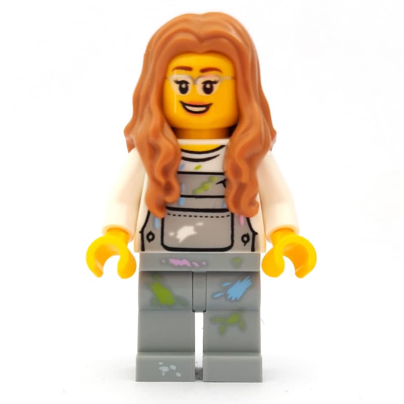 Woman, Light Bluish Gray Overalls with Paint Stains, Medium Nougat Hair, Glasses
