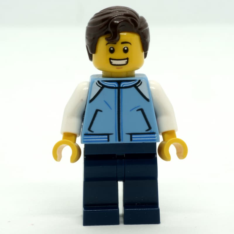 Man, Medium Blue Jacket, Dark Blue Legs, Dark Brown Hair