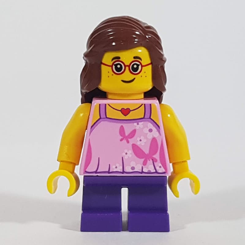 Girl, Bright Pink Top with Butterflies, Dark Purple Legs, Reddish Brown Hair, Glasses