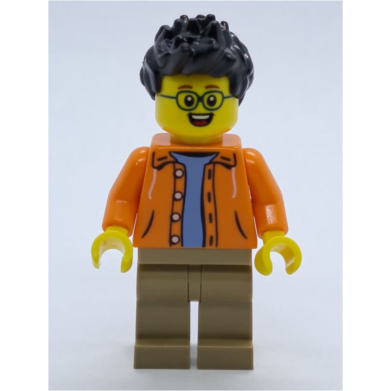 Man, Open Orange Jacket over Light Blue Shirt, Black Hair, Glasses