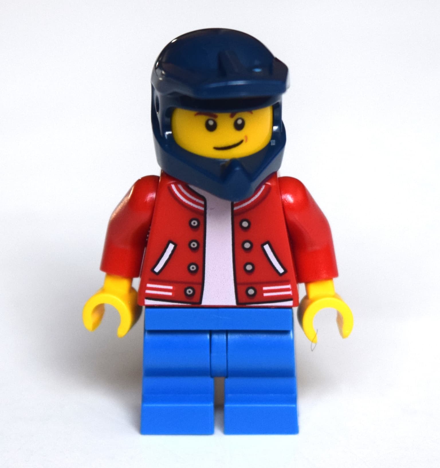 Boy, Red Letterman Jacket, Blue Medium Legs, Dark Blue Dirt Bike Helmet