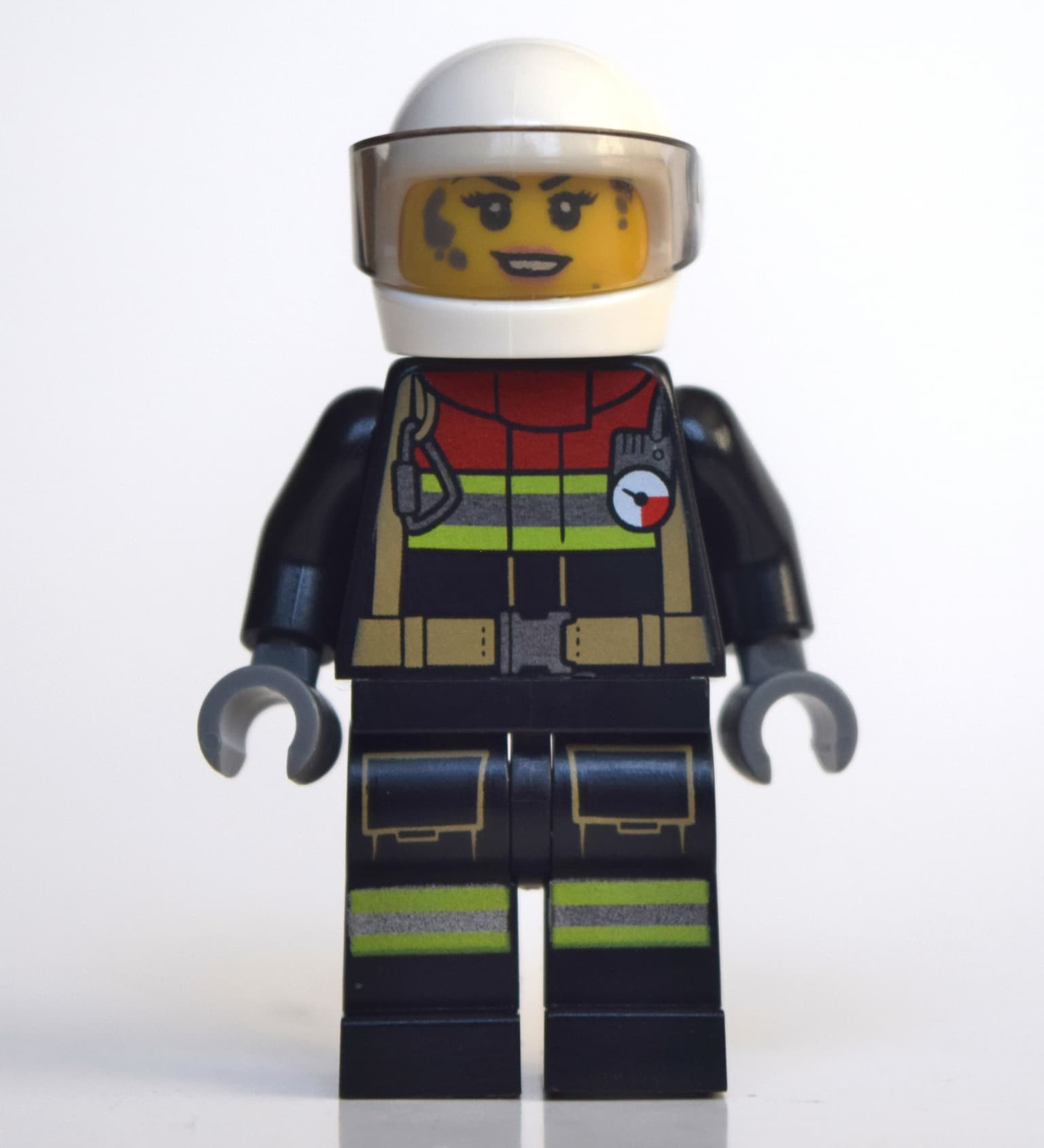 Firewoman, Firesuit with Straps and Gauge, White Helmet with Visor, Dirty Face