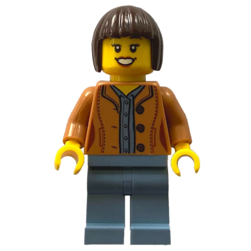 Woman, Medium Nougat Jacket, Sand Blue Legs, Dark Brown Hair