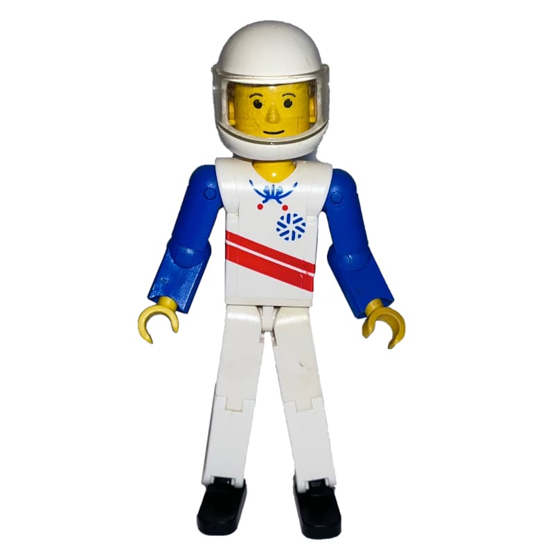 Technic Figure White Legs, White Top with Red Stripes Print, Blue Arms, White Helmet