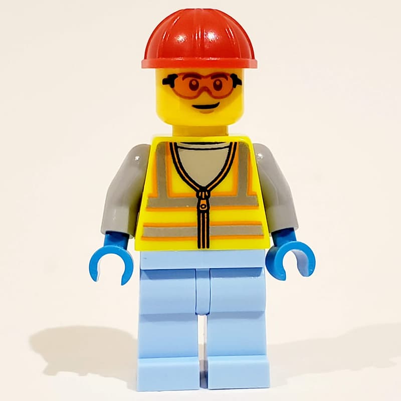 Man, Vibrant Yellow Safety Vest, Bright Light Blue Legs, Red Hard Hat