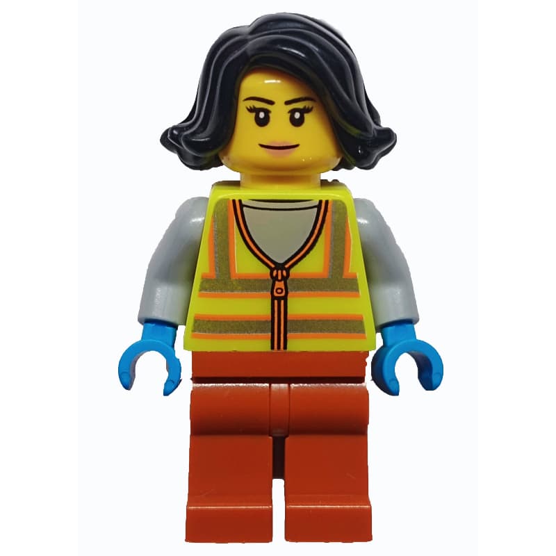 Woman, Vibrant Yellow Safety Vest, Dark Orange Legs, Black Hair