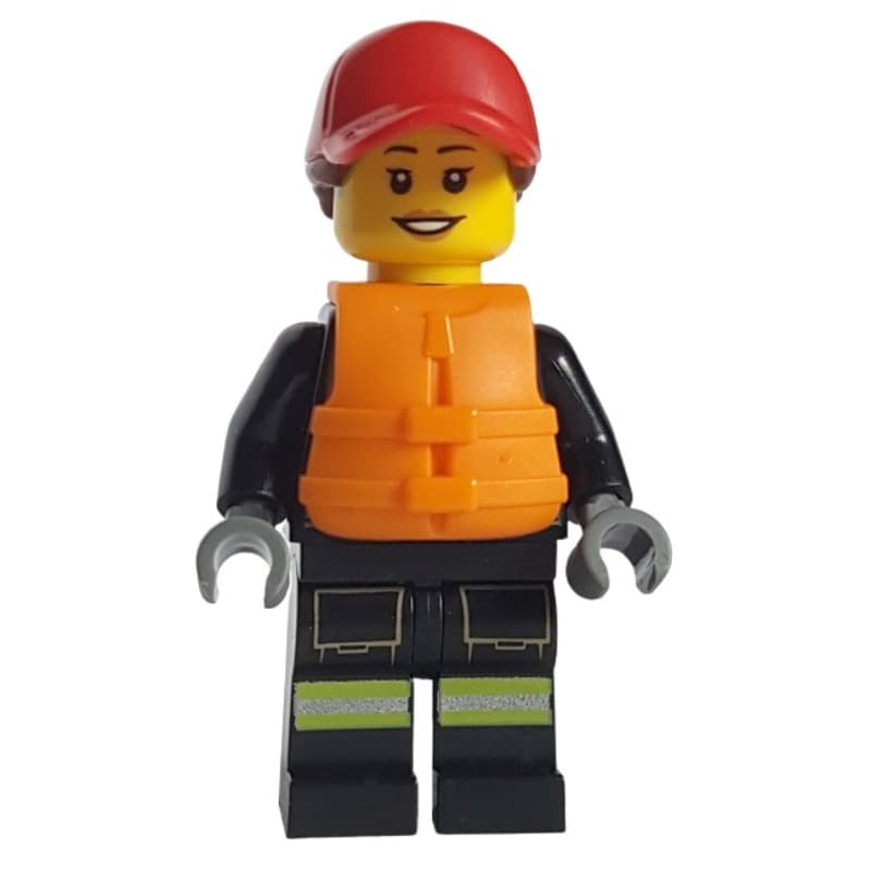 Firefighter, Black Fire Suit, Orange Life Vest, Red Cap