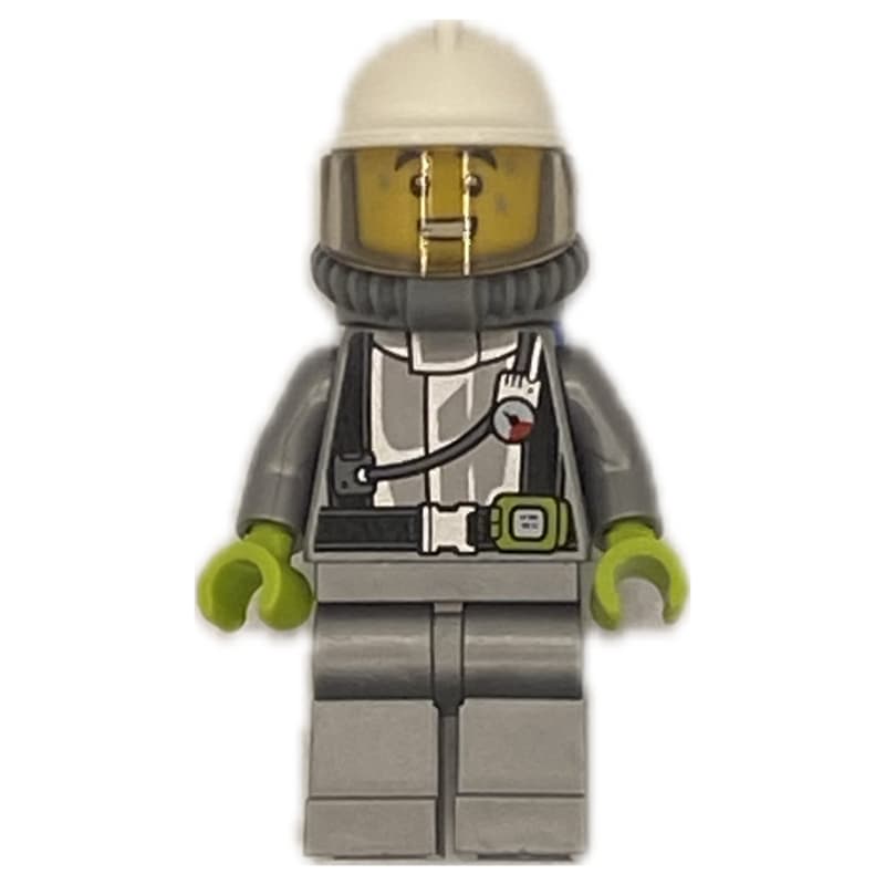 Firefighter, Silver Fire Suit, White Helmet with Visor, Blue Airtanks