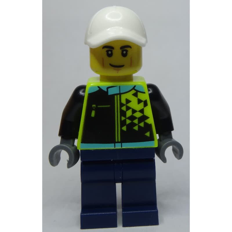 Racer, Vibrant Yellow and Dark Blue Race Suit, White Cap