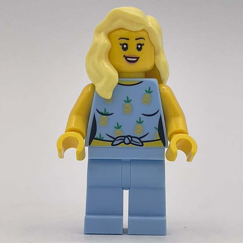 Woman, Bright Light Blue Outfit with Pineapples