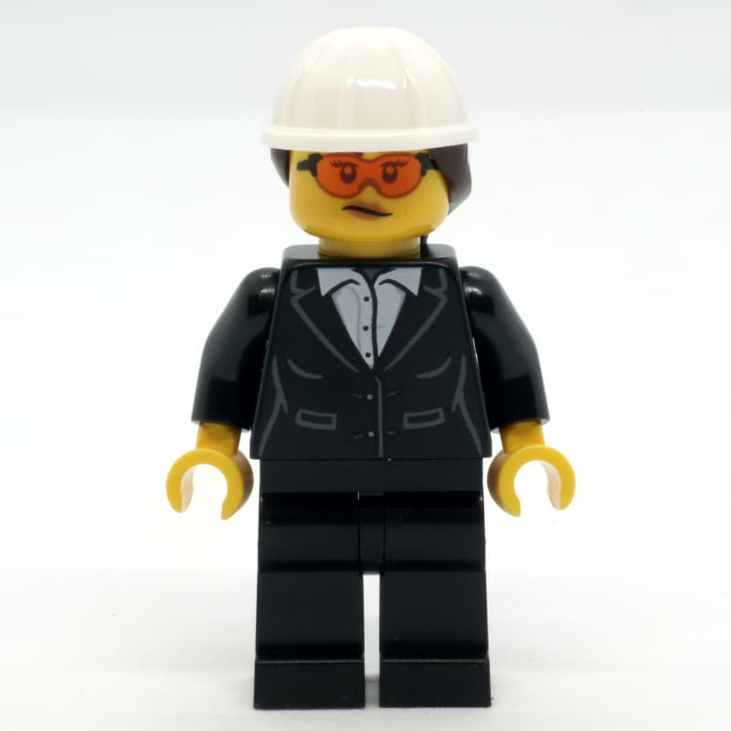 Construction Site Foreman, Black Suit, White Hard Hat with Hair