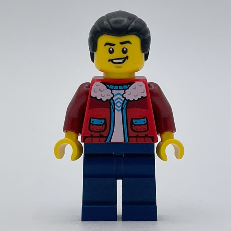 Man, Red Jacket, Dark Blue Legs, Black Hair