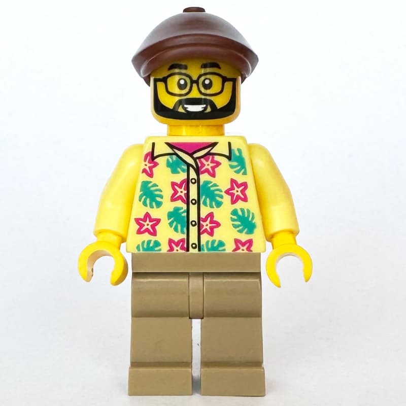 Man, Bright Light Yellow Hawaiian Shirt, Dark Tan Legs, Reddish Brown Flat Cap