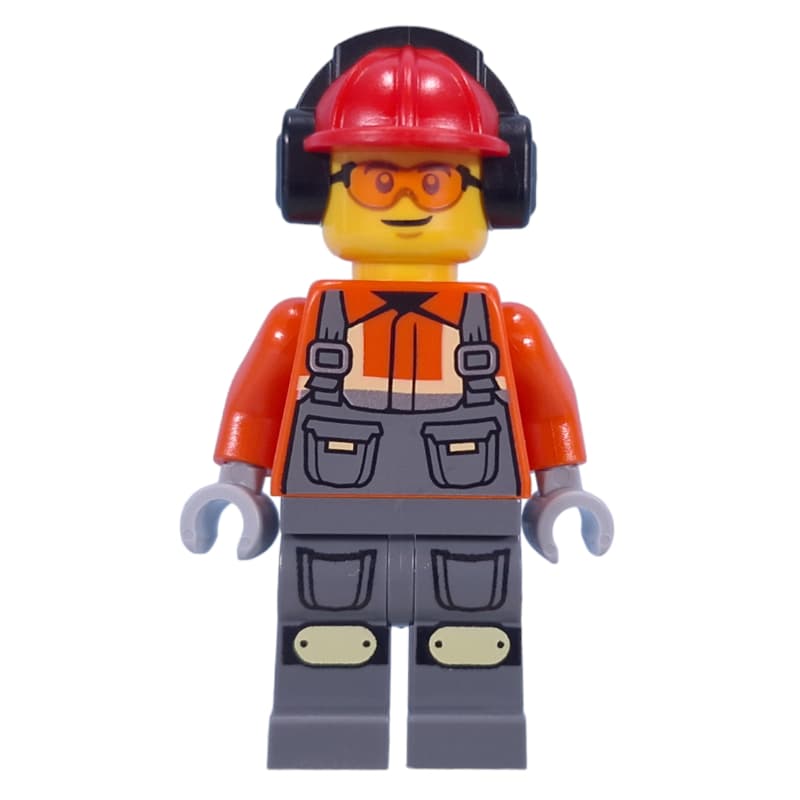 Construction Worker, Reddish Orange Jacket, Overall, Red Hard Hat with Ear Protection