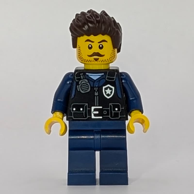 Police Officer, Black Vest, Dark Blue Legs, Dark Brown Hair, Moustache